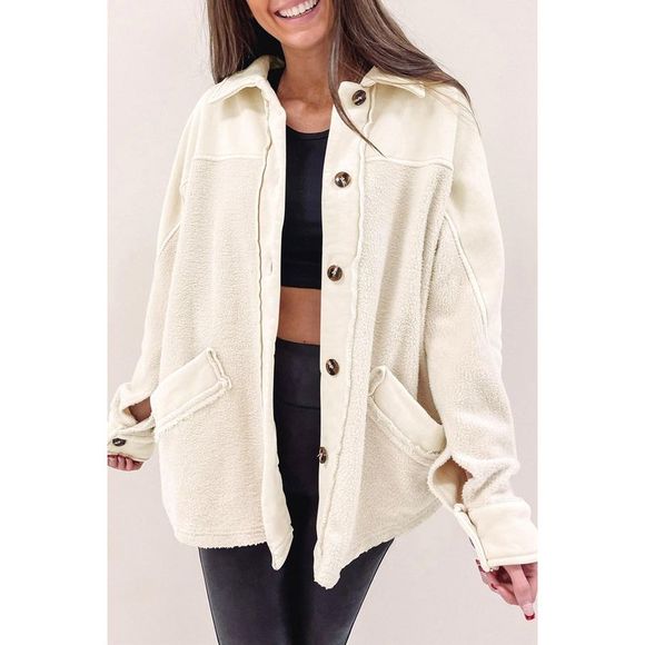 Azura Exchange  Beige Button-Up Stitching Pocket Raw Hem Shacket - Picture 3 of 5